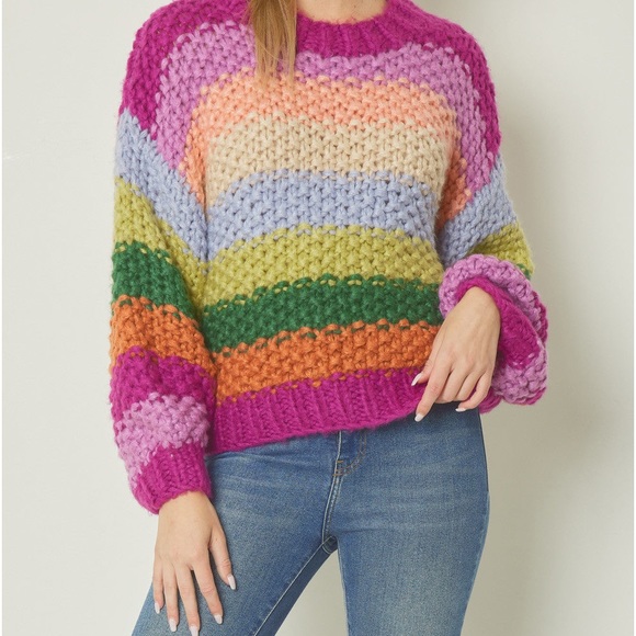 Chunky Knit Rainbow Striped Long Sleeve Knit Sweater by Entro Boutique - Picture 5 of 14
